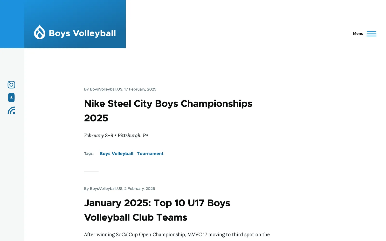 BoysVolleyballUS homepage with tournament coverage and top-10 boys club team articles